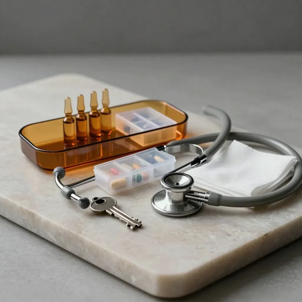 Clinic kit with stethoscope, ampoule tray, pill organiser and gauze on pale stone.