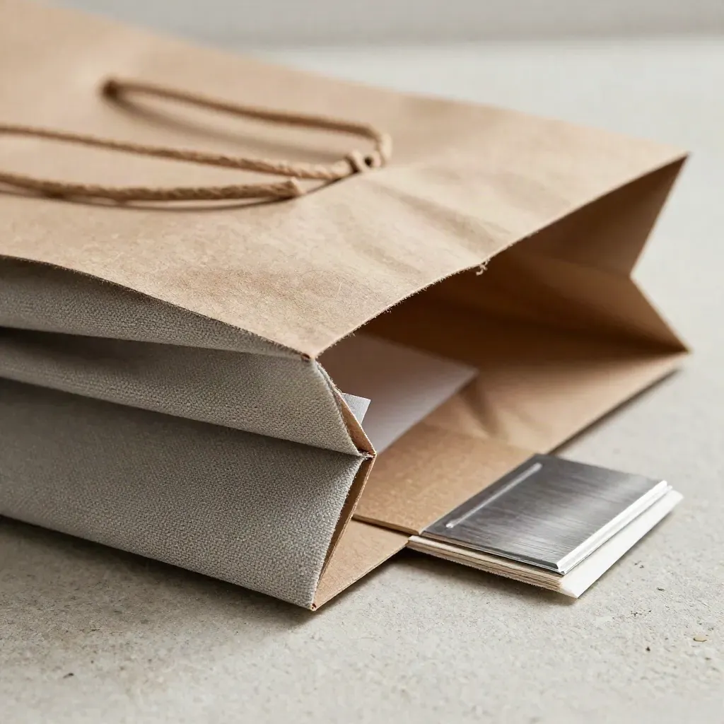 Retail merchandising materials on pale stone: kraft handles, linen swatch, shelf divider, packaging sample.