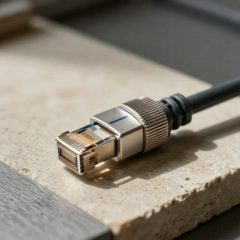 Macro of an ethernet coupler and braided cable sleeve on stone, lit with crisp workshop light.