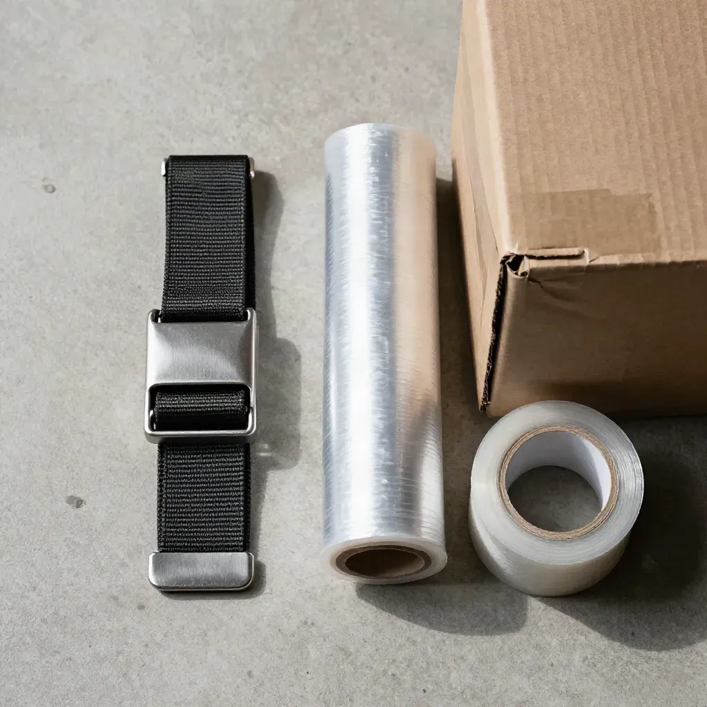 Shipping strap, carton corner, stretch film and tape spool on concrete under soft daylight.