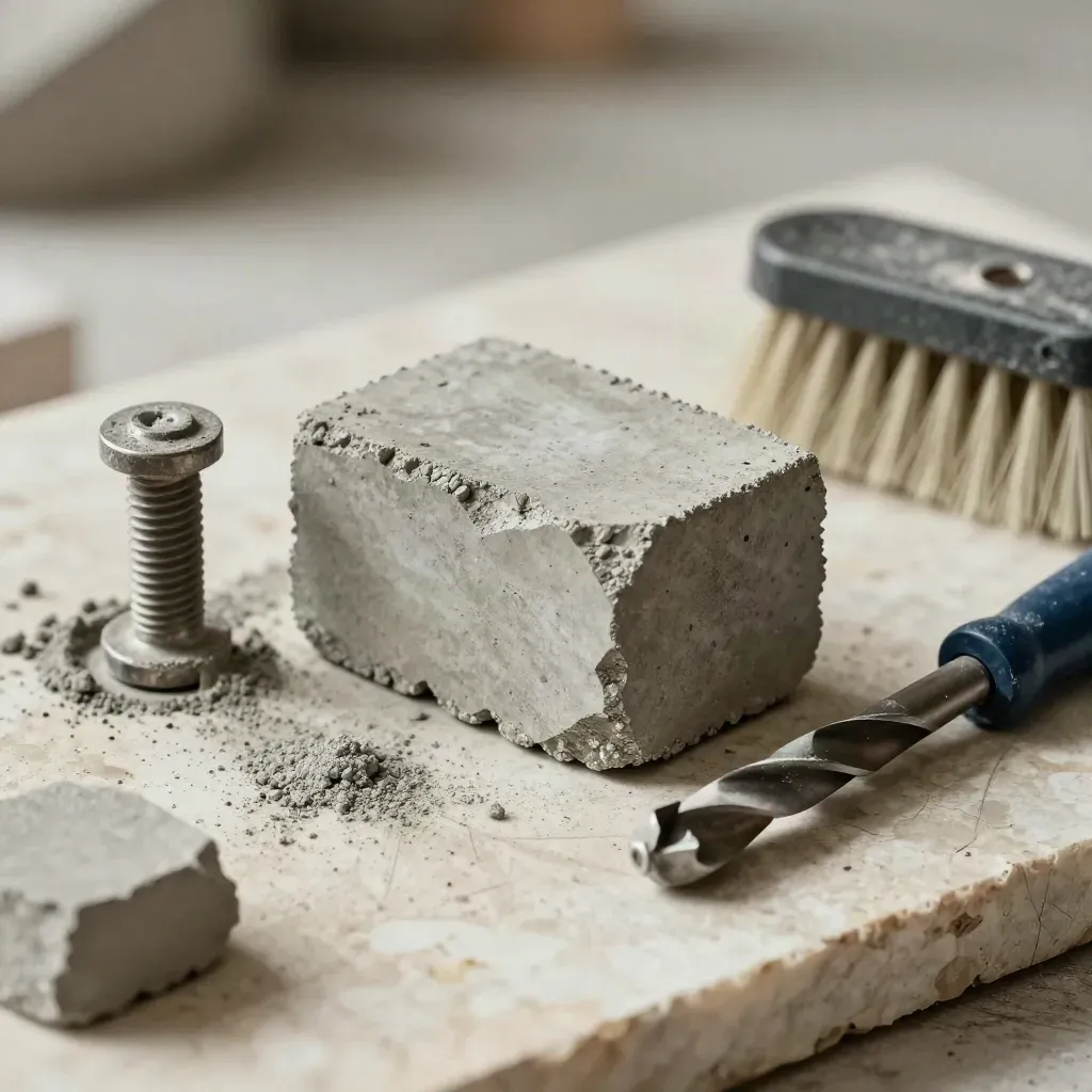 Concrete core sample with drill bit, anchor bolt and dust brush on stone.