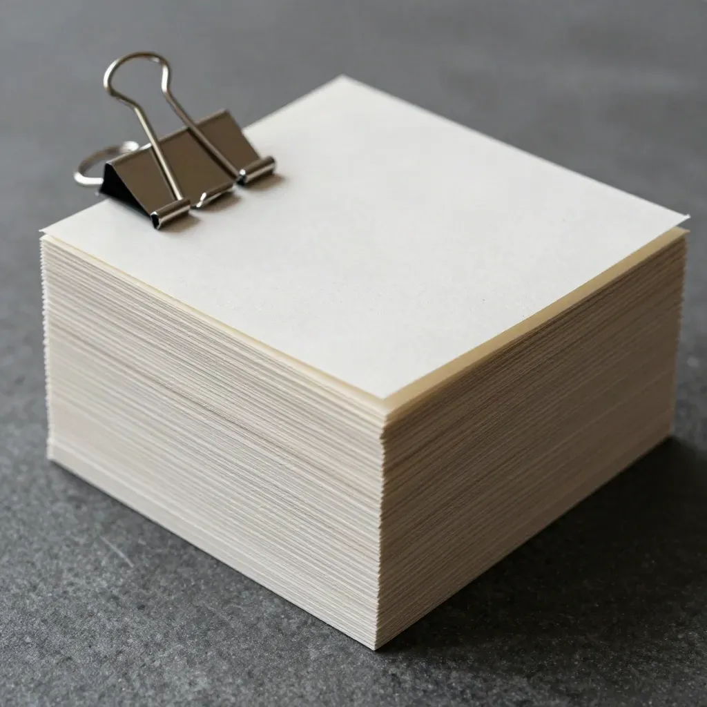 Top-down macro of blank audit cards pinned by a silver binder clip on graphite stone.