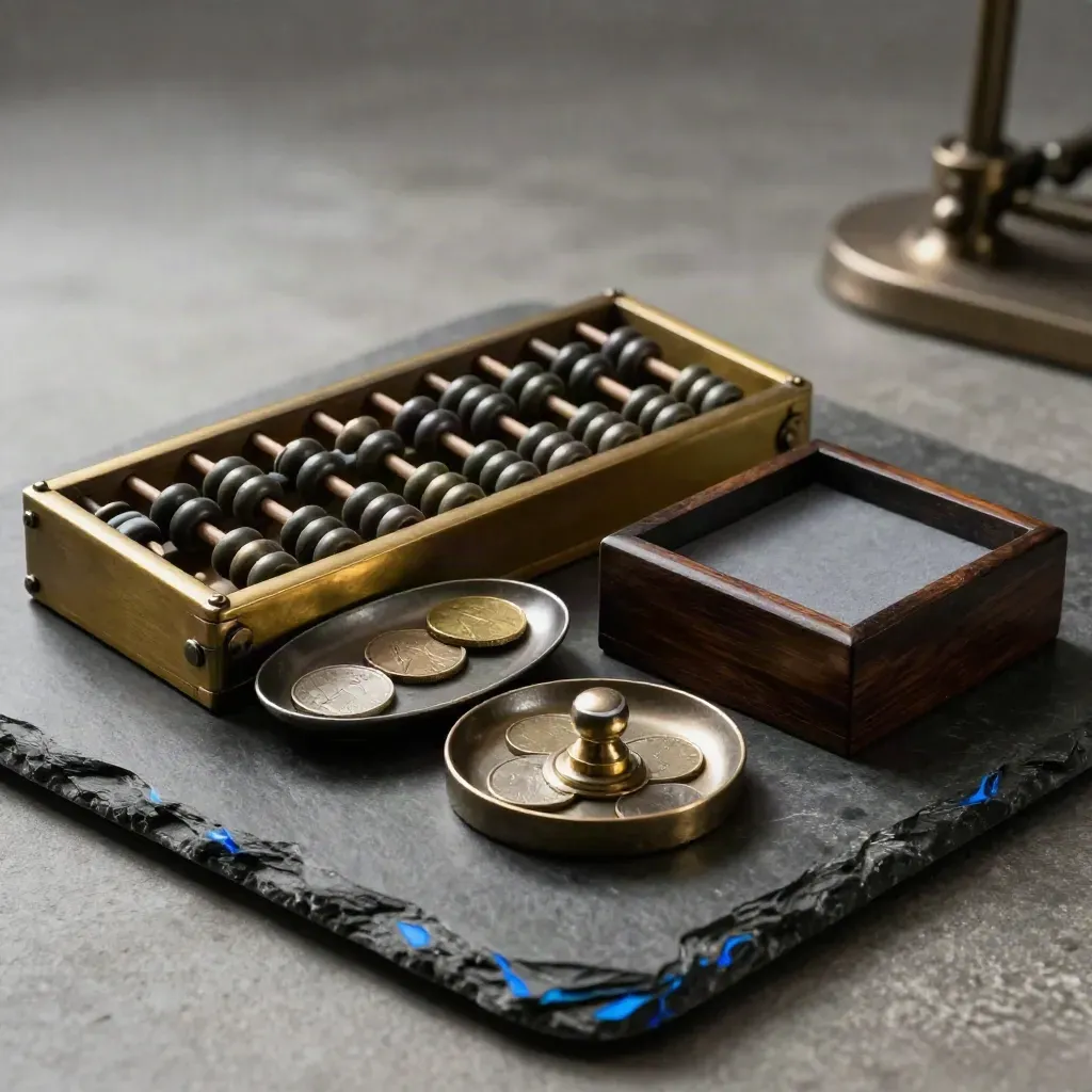 Brushed abacus, coin tray, seal block and ledger box on stone in a dramatic finance still life.