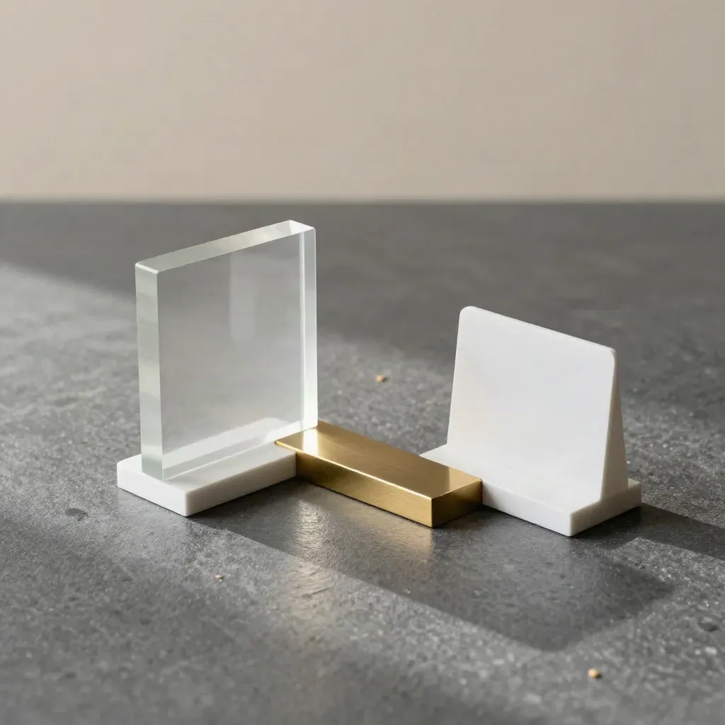 Frosted acrylic blocks and brass spacer with white card stands on graphite stone.