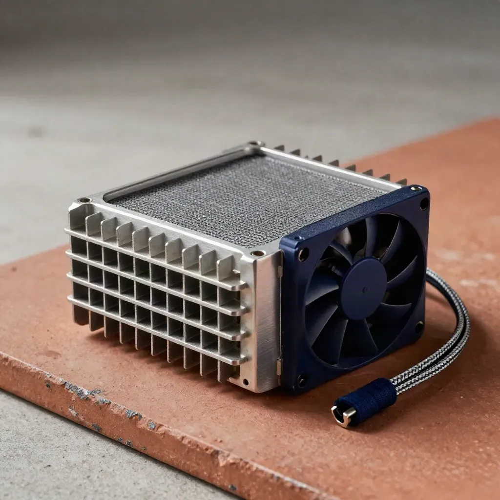 Heatsink fins, dust filter, braided cable tie and fan grille on a matte graphite slab.