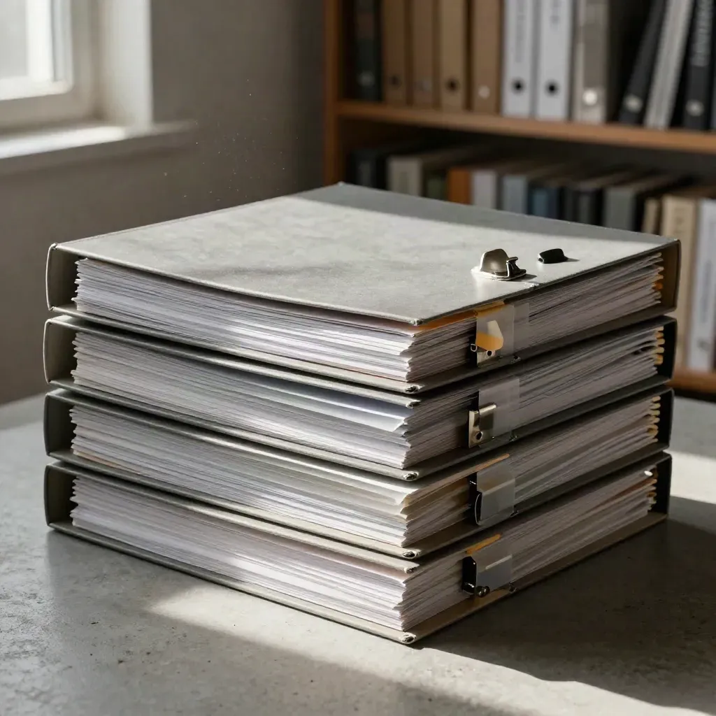 Stacked report binders with dividers and a metal paperweight on concrete, lit by soft window light.