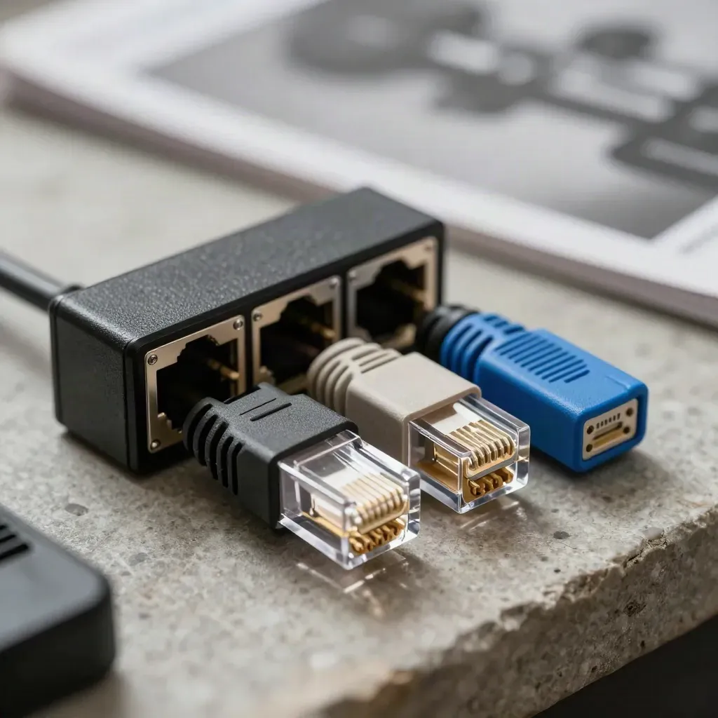 Ethernet plug, port block and ferrule caps arranged diagonally on a graphite work surface.