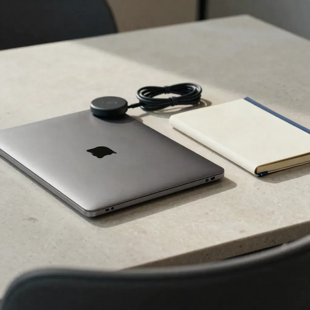 Overhead flat lay of a closed laptop, charging puck, cable coil and notebook on stone with a blurred chair edge.
