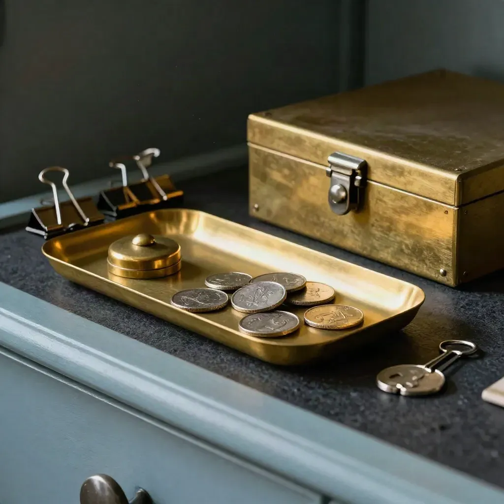 Brass seal, coin tray, filing clips and closed cash box on a slate bookkeeping shelf.