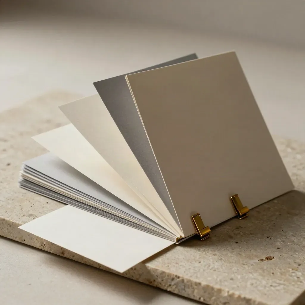 Die-cut paper test panels, brass clips and a folded proof card on pale stone.
