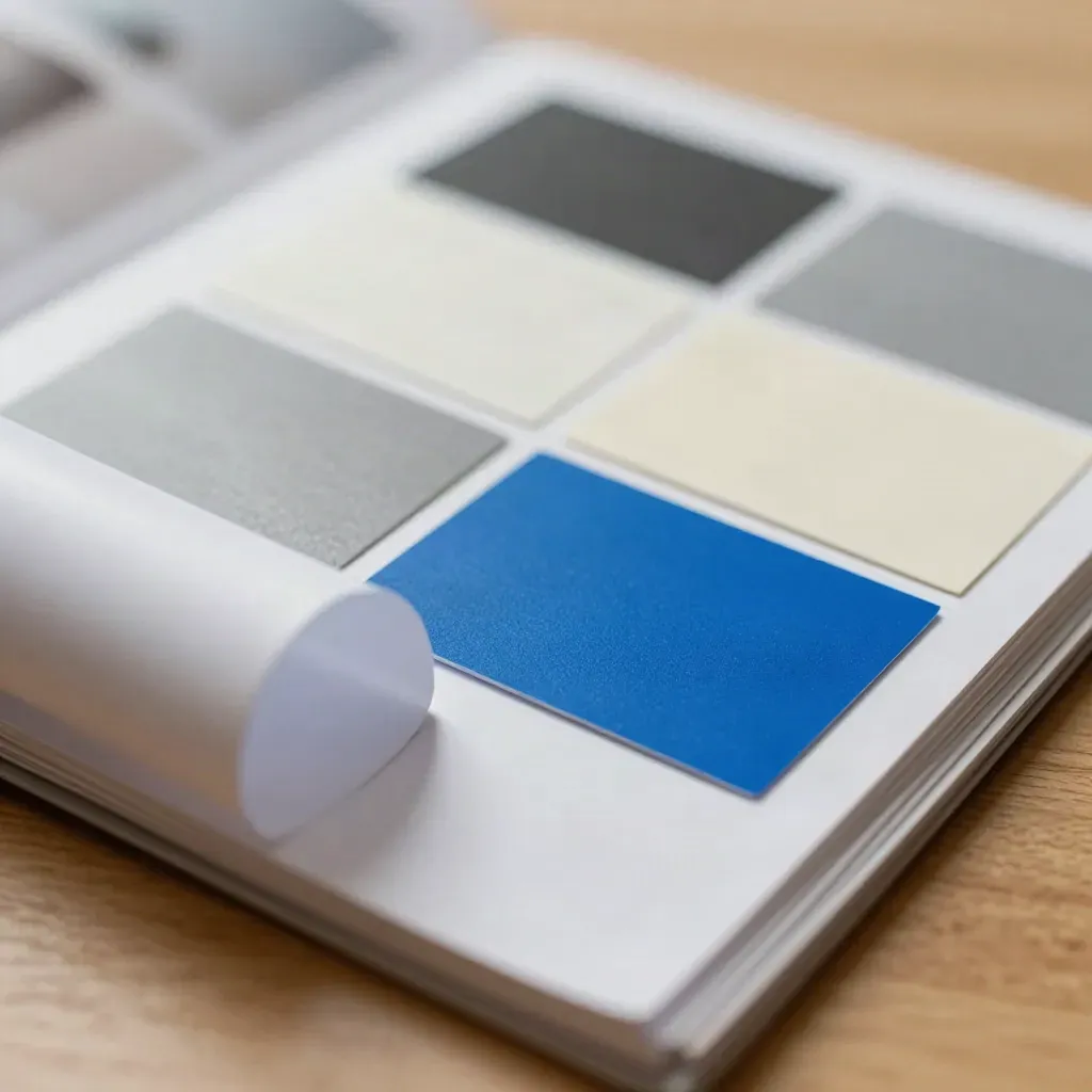 Macro of swatch cards and layout boards with electric-blue accents on honey oak.