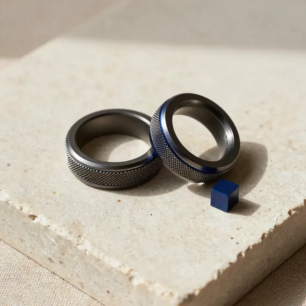 Top-down still life of linked metal rings, coupler, and spacer on stone