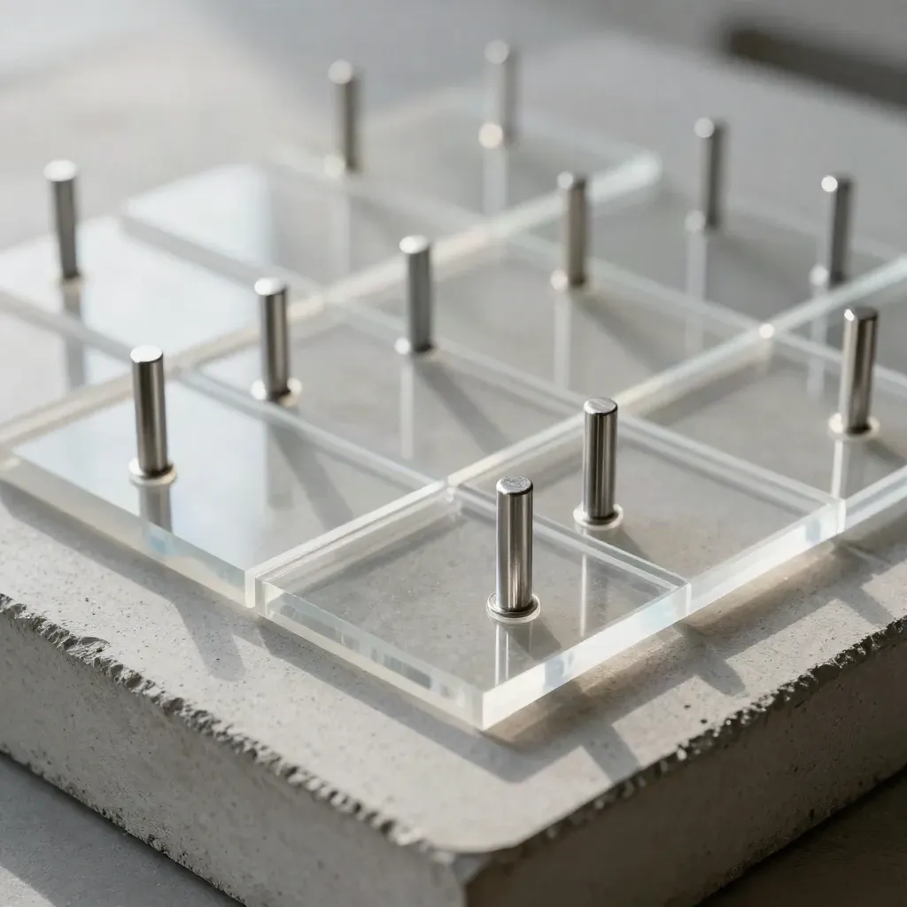 Acrylic alignment planes and pegs on concrete, lit from above, in a clean modular grid.