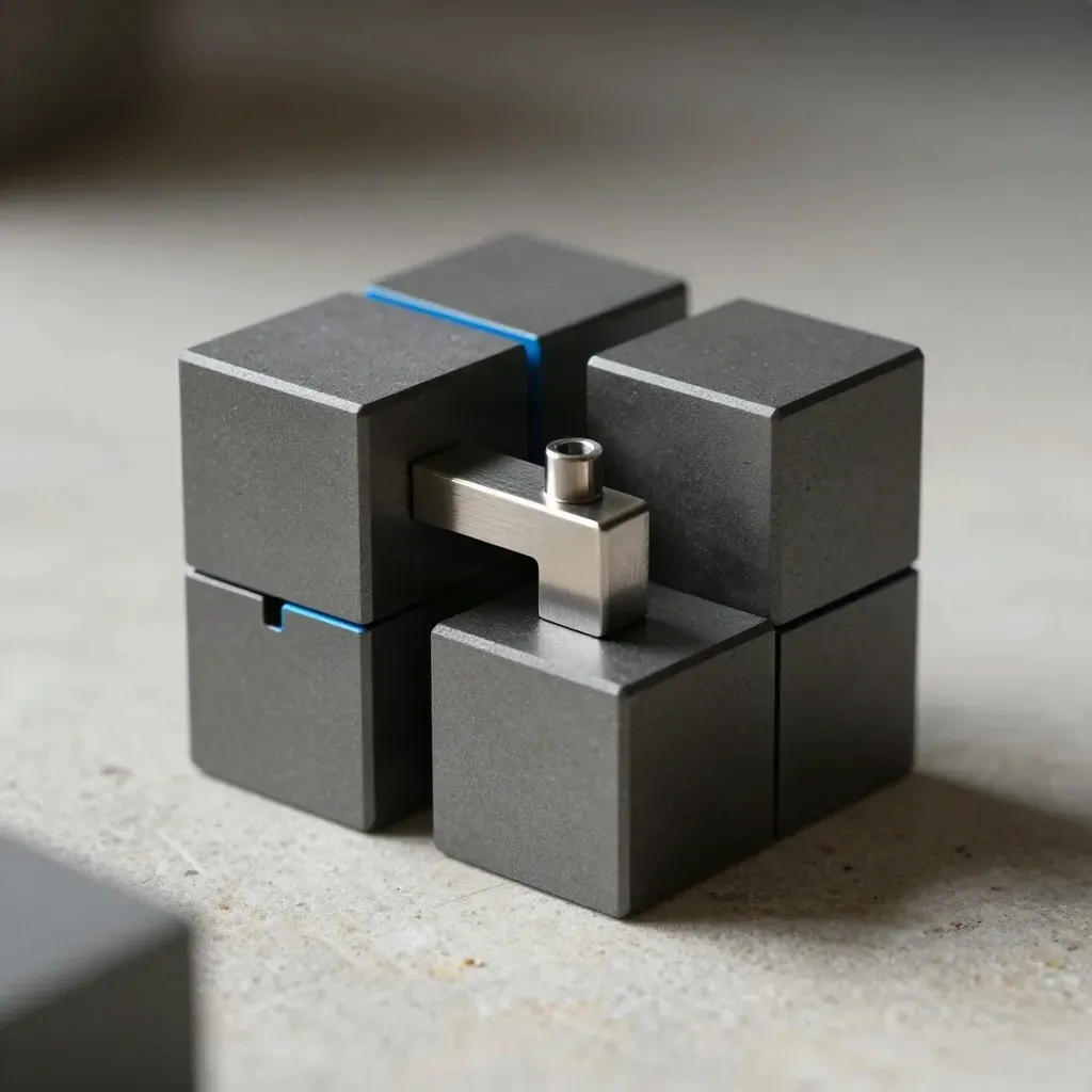 Matte graphite cubes, steel index block and blue connector on pale stone, close-up