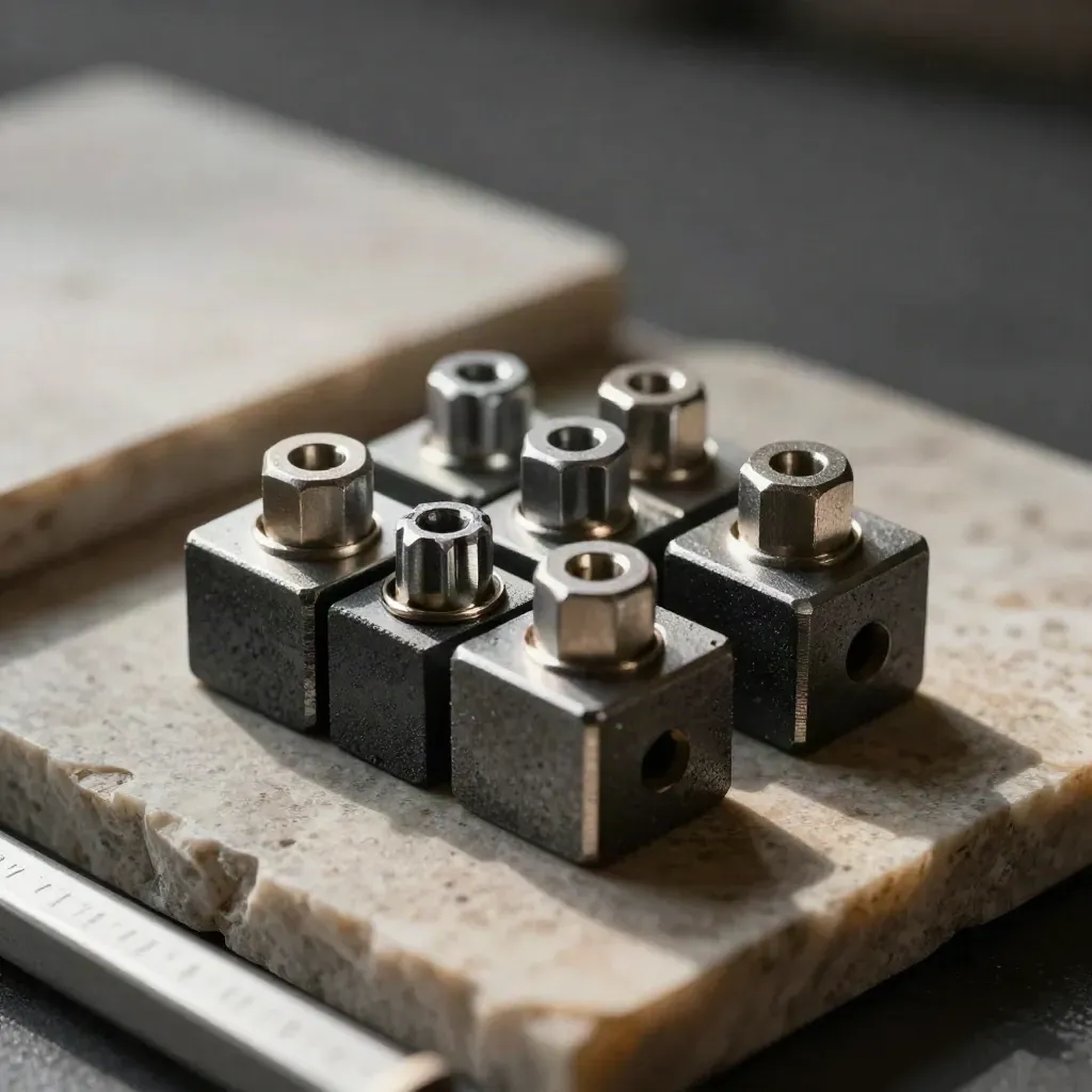 Interlocking graphite blocks and silver connectors on limestone in dramatic studio light
