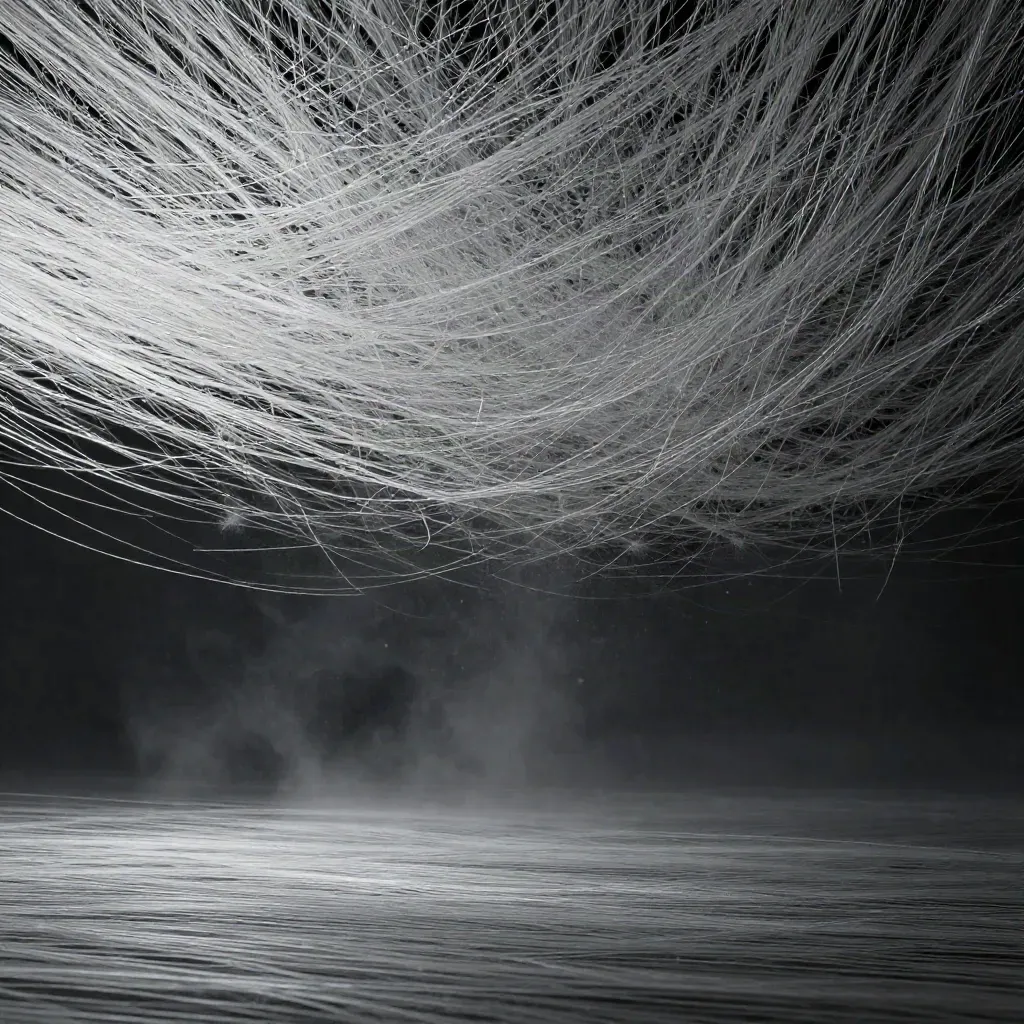 Silver light filaments converge into a soft bloom in dark graphite haze.